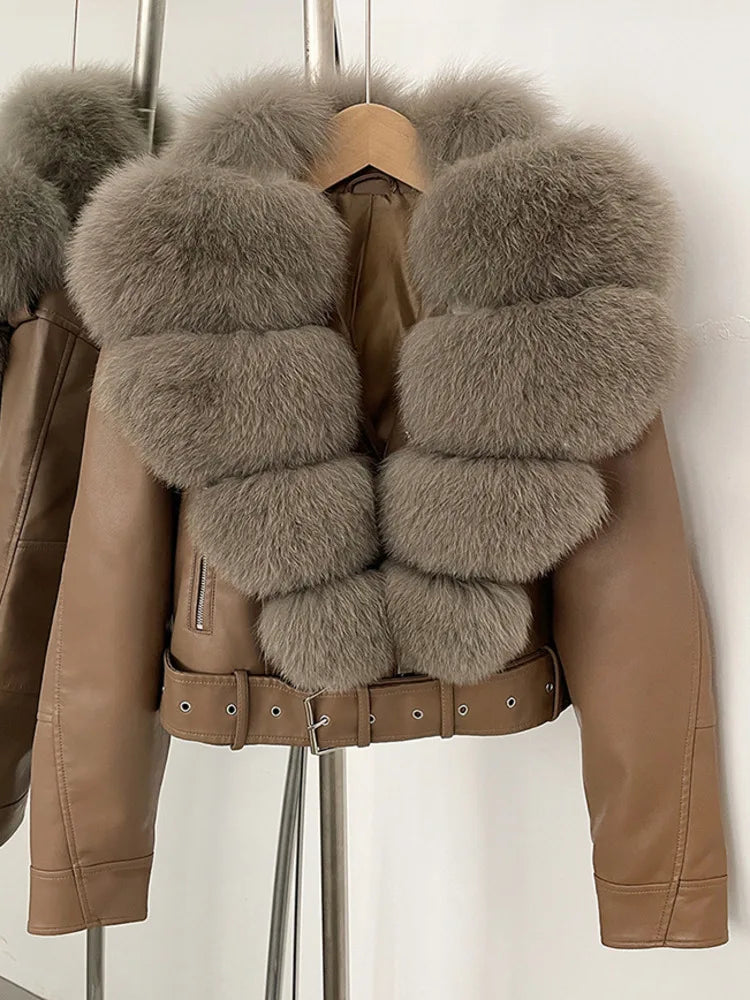 ZMEENNA Women's Faux Leather Moto Jacket with Detachable Faux Fur Collar - Short Warm Winter Coat