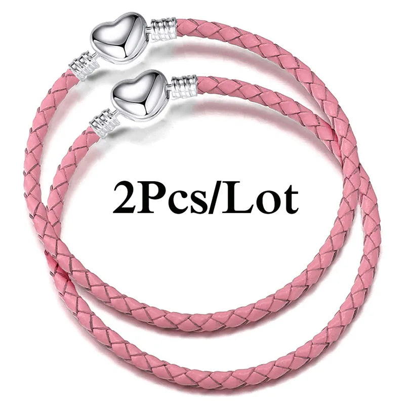 2-Pack Leather Chain Charm Bracelets with Beads – Handmade Couples Pulsera Jewelry (Unisex)