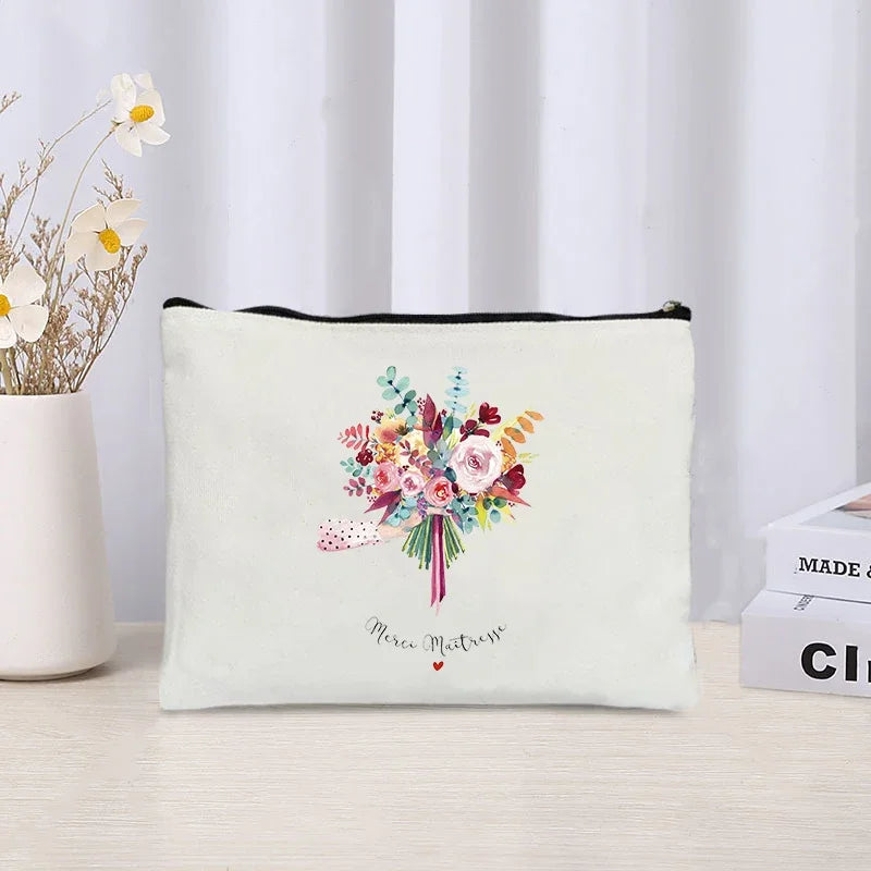 Thank You Makeup Bag Cosmetic Pouch - Merci Teacher Gift Travel Zipper Canvas Pouch (22 x 14 cm / 8.7 x 5.5 in)