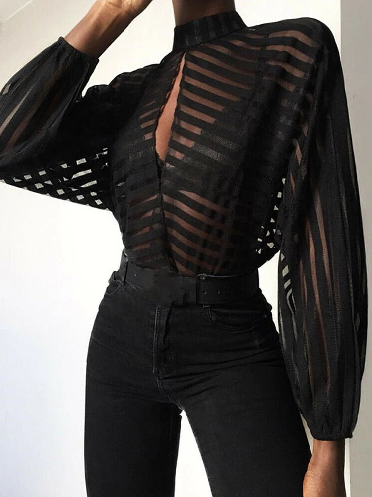 Women's Black Mesh Sheer Blouse – Long Sleeve Striped Hollow-Out Mock Neck Back-Button Top