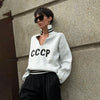 JHJN Women's Patchwork Letter Knit Turtleneck Sweater - Loose Long-Sleeve Autumn/Winter Pullover