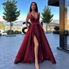 Royal Blue Satin Halter Evening Gown Floor-Length A-Line Ball Dress with High Split