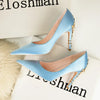 Women's Satin Pointed-Toe Stiletto Pumps with Metal Flower Detail — High Heel Wedding Shoes