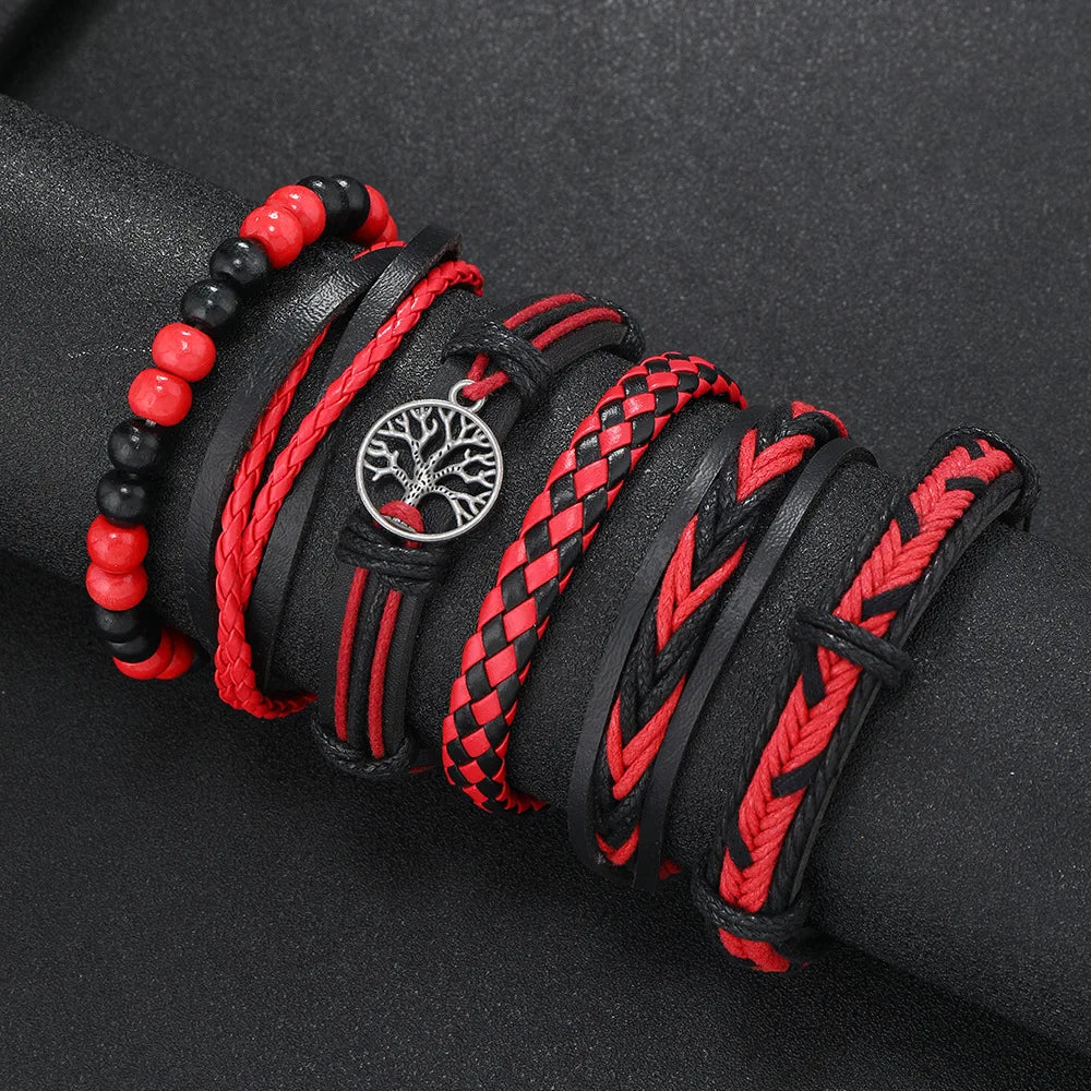6-Pack Red & Black Handmade Wrap Leather Bracelets with Wood Beads - Adjustable Unisex Boho Bangle Set