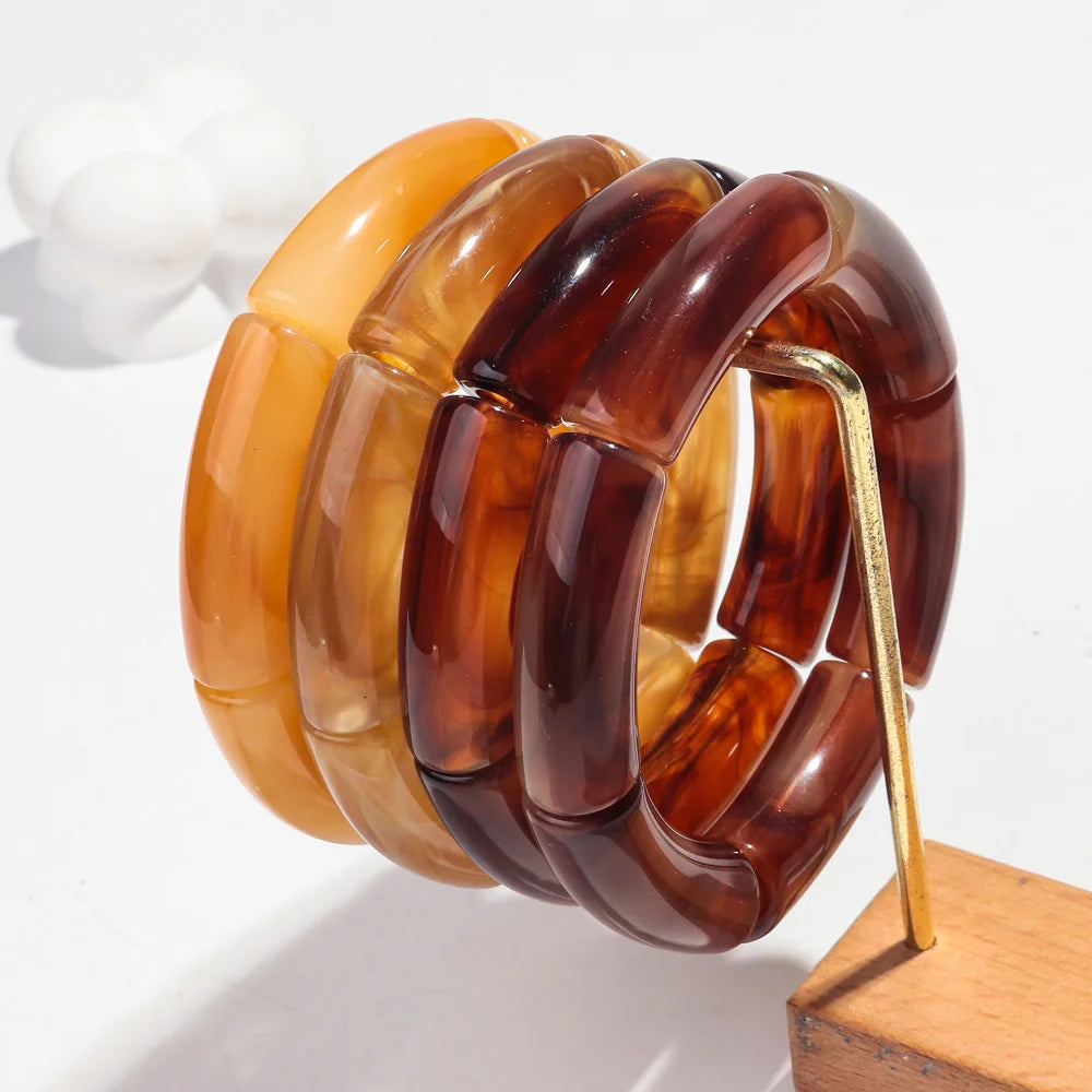 Acrylic Resin Amber Bamboo Bead Bracelet Set - 4-Pack Stretch Beaded Bangles for Women