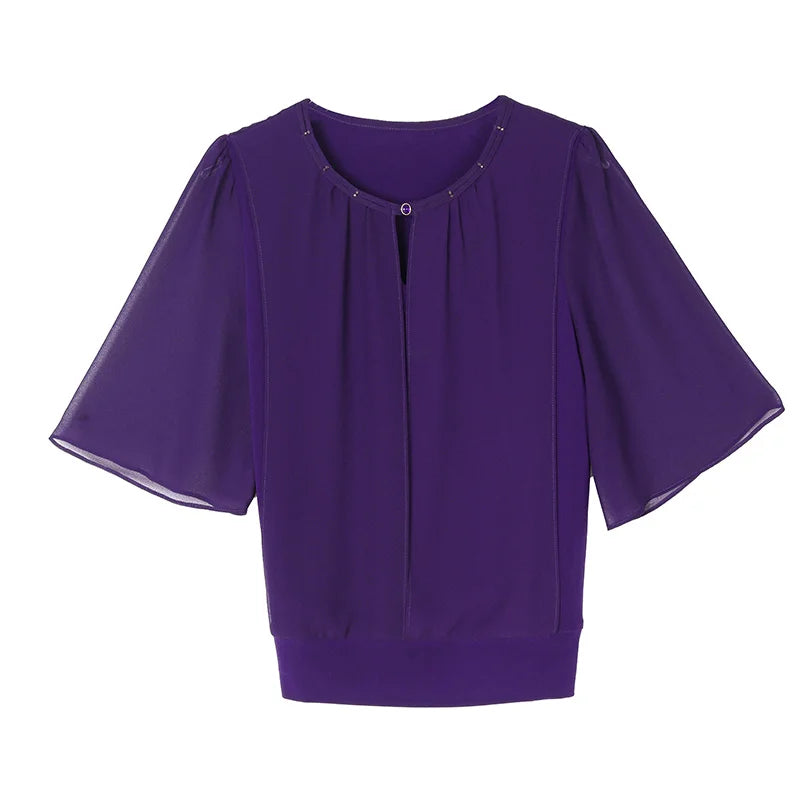 Women's Half-Sleeve Chiffon Blouse - Loose Casual Solid Color Pullover Top