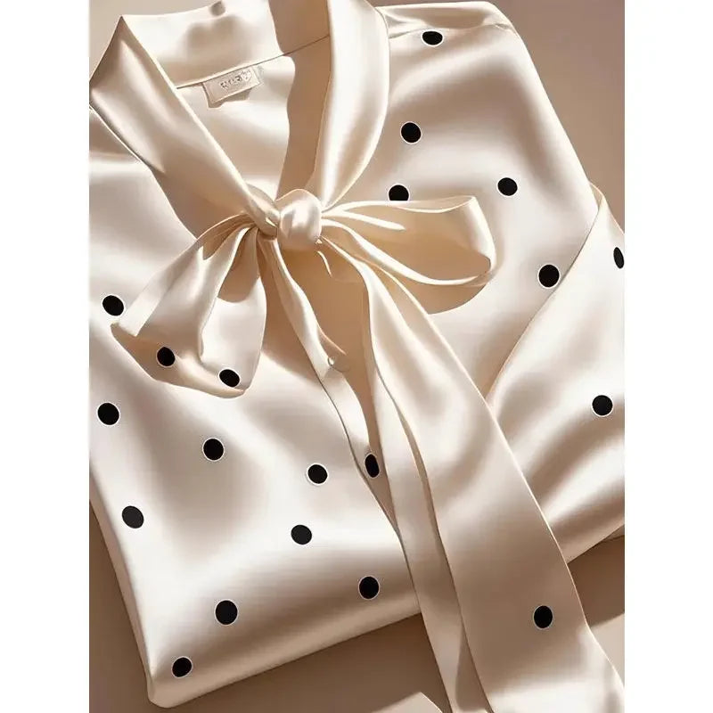 High-Quality Satin Polka Dot Blouse for Women — Lace-Up Bow Long Sleeve Office Casual Top