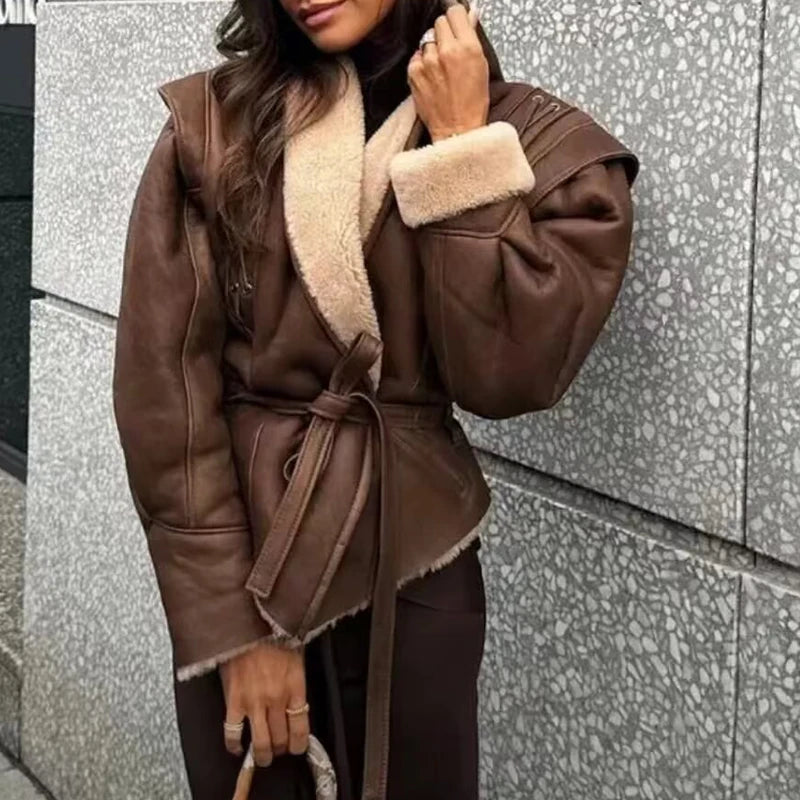 Women's Faux Leather Belted Coat with Fur Trim – Streetwear Elegant Outwear