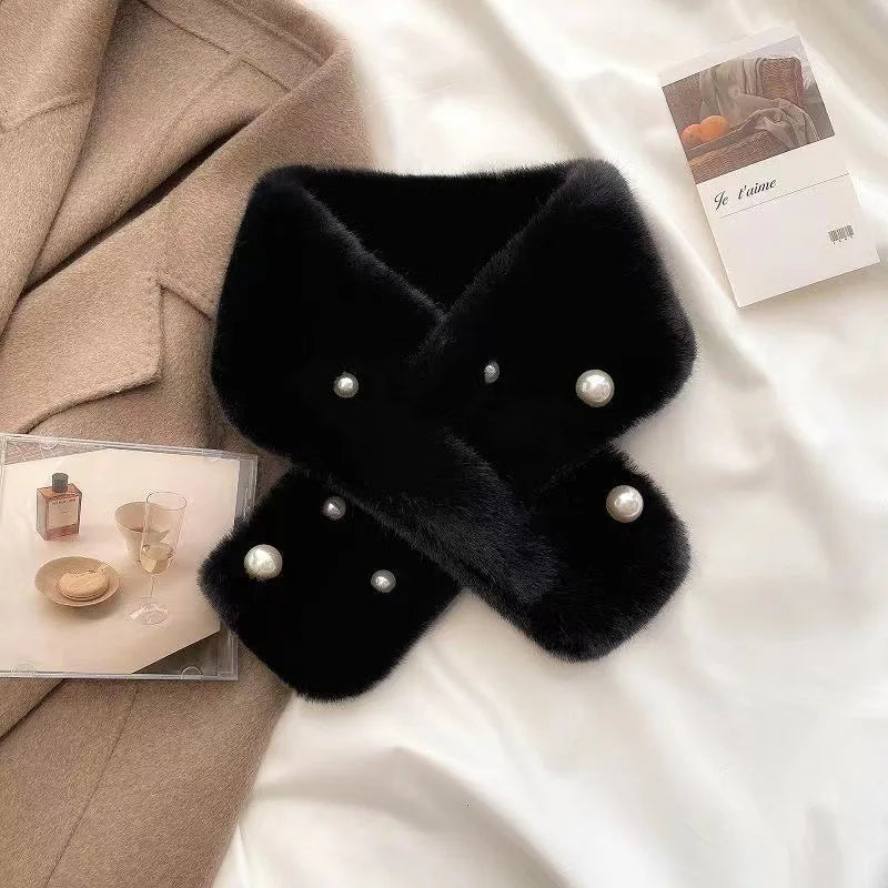 Women's Thick Faux Rabbit Fur Cross Collar Scarf - Winter Neck Warmer Soft Furry Solid Color Shawl