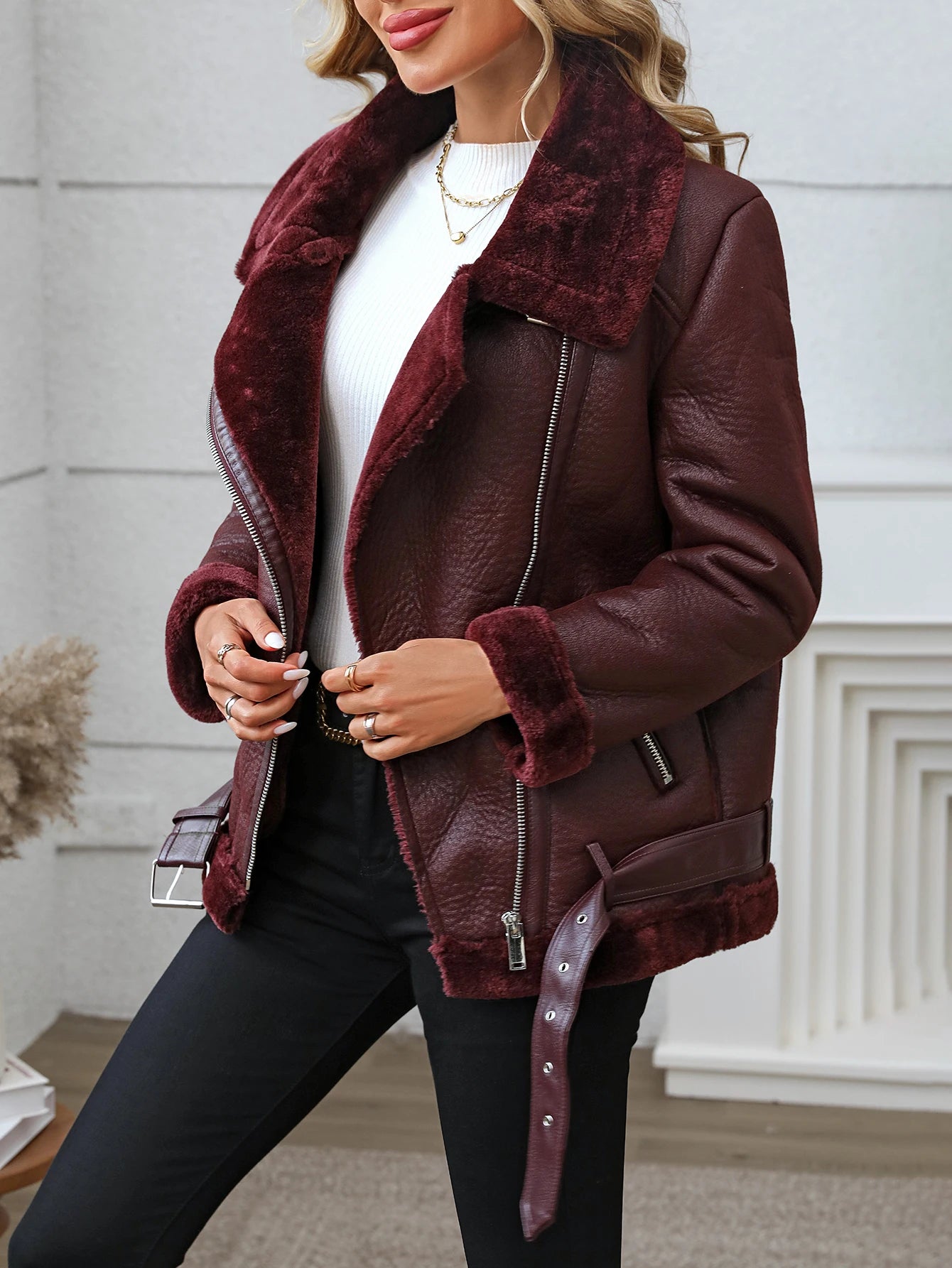 Fitaylor Women's Faux Fur Lined Faux Leather Motorcycle Jacket - Thick Warm Winter Coat