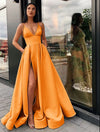 Royal Blue Satin Halter Evening Gown Floor-Length A-Line Ball Dress with High Split