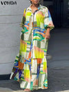 Plus Size 5XL Bohemian Printed Maxi Dress Long Sleeve Button-Front Vintage Casual Sundress