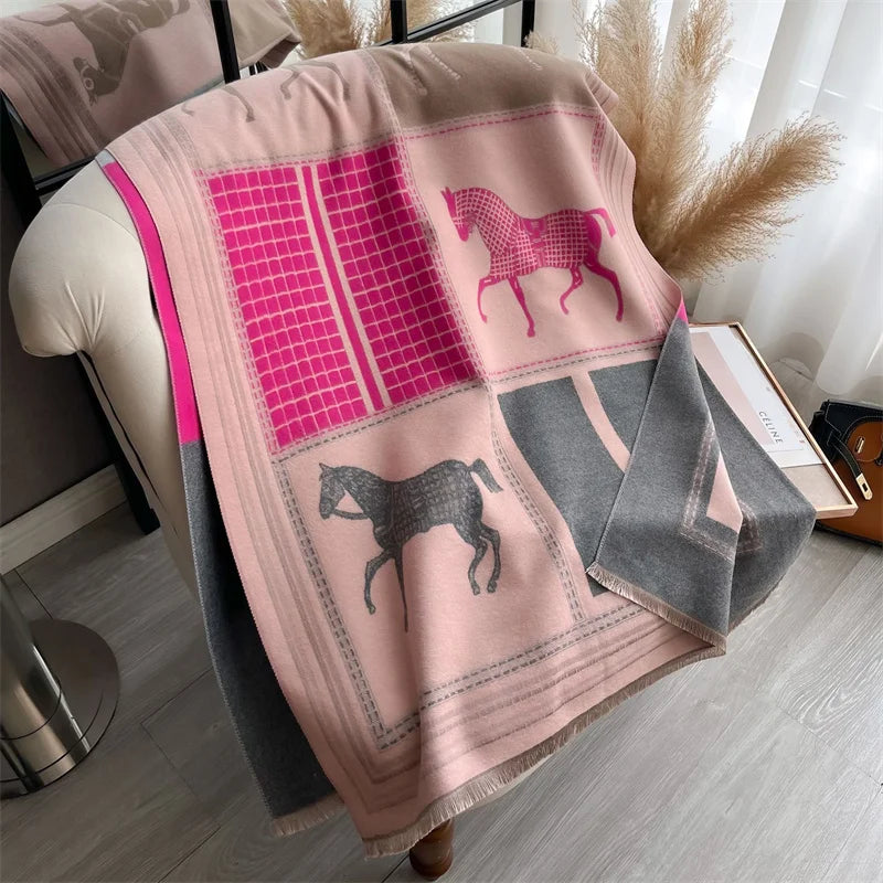 Women's Soft Cashmere Pashmina Scarf 180 x 65 cm (71 x 25.6 in) Plaid Horse Print Tassel Wrap Shawl