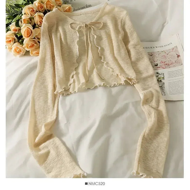 Women's Lace-Up Bow Crop Cardigan - V-Neck Knit Long Sleeve Korean Aesthetic Top