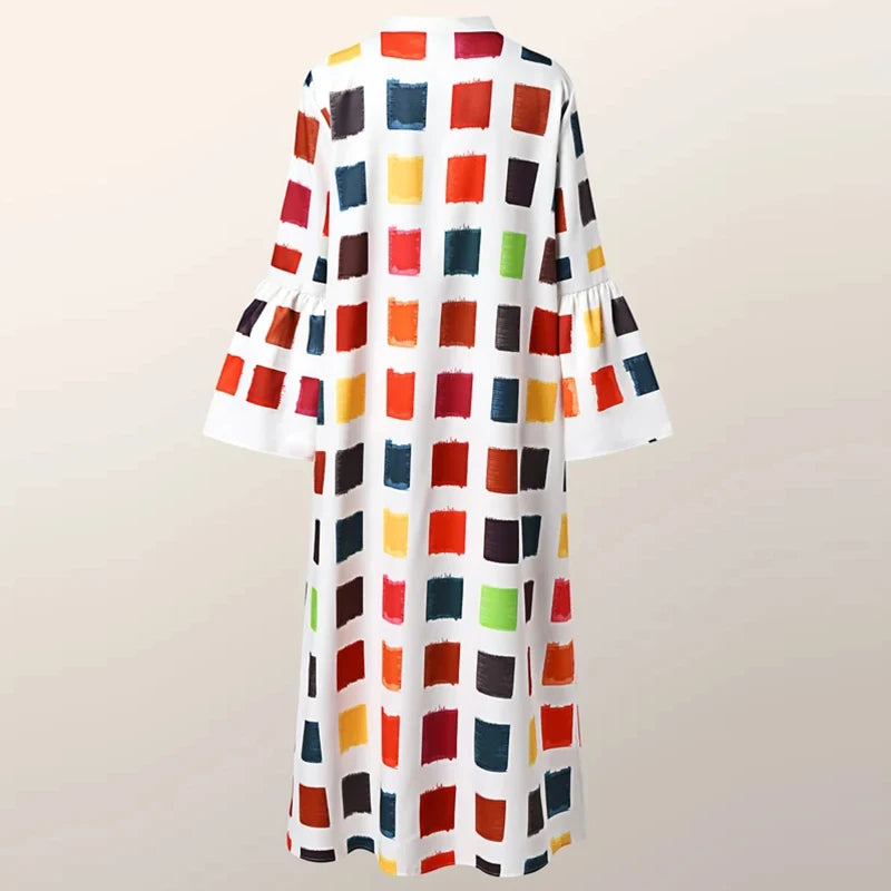 Printed V-Neck Long Sleeve Maxi Shirt Dress - Casual Street Style Women's Ankle-Length Loose Dress