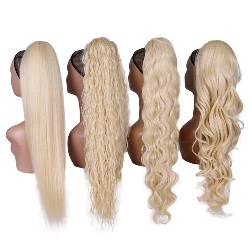Long Ombre Blonde Synthetic Clip-In Braided Wavy Ponytail Hairpiece — Black to Brown Hair Extension