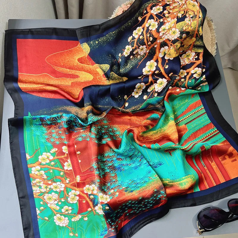 70 x 70 cm (27.6 x 27.6 in) Floral Satin-Look Polyester Square Scarf - Women's Headscarf, Hijab, Hair Band & Wrist Wrap