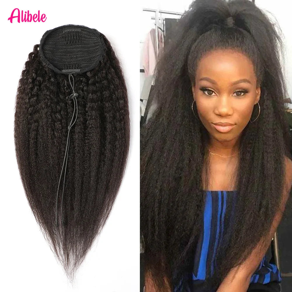 Alibele Clip-In Drawstring Ponytail Hair Extension Kinky Straight Remy Mongolian Human Hair 10-32 in (25-81 cm)