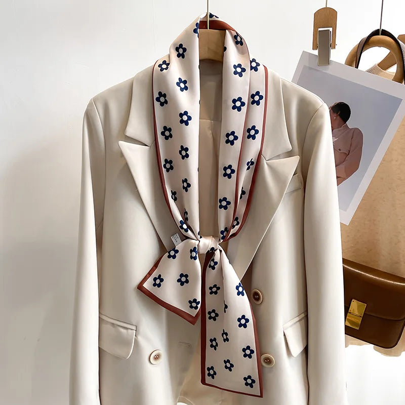 Women's Silk-Feel Printed Long Narrow Scarf 12 x 148 cm (4.7 x 58.3 in) - 50+ Colors | Headband & Shawl