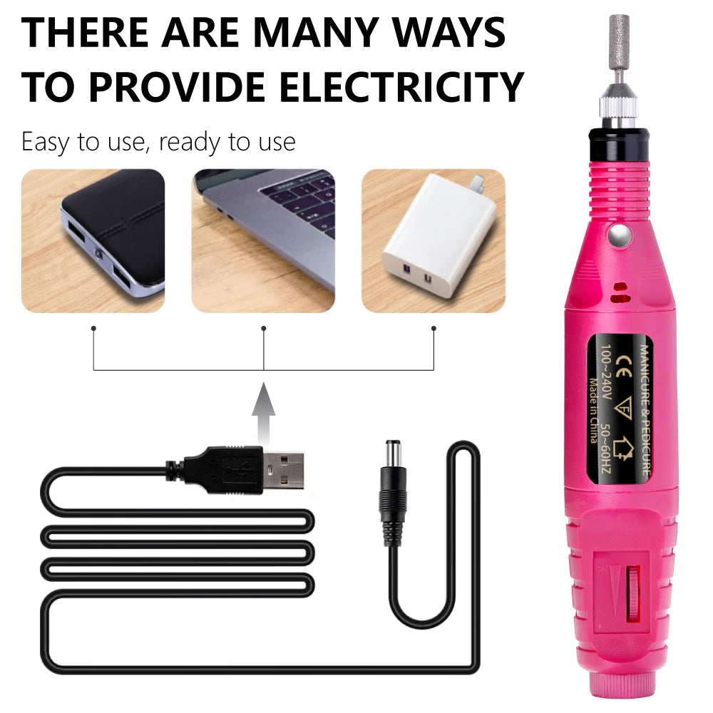 USB-Powered Electric Nail Drill Kit – Professional Manicure & Pedicure Nail File with 6 Bits and 6 Sanding Bands