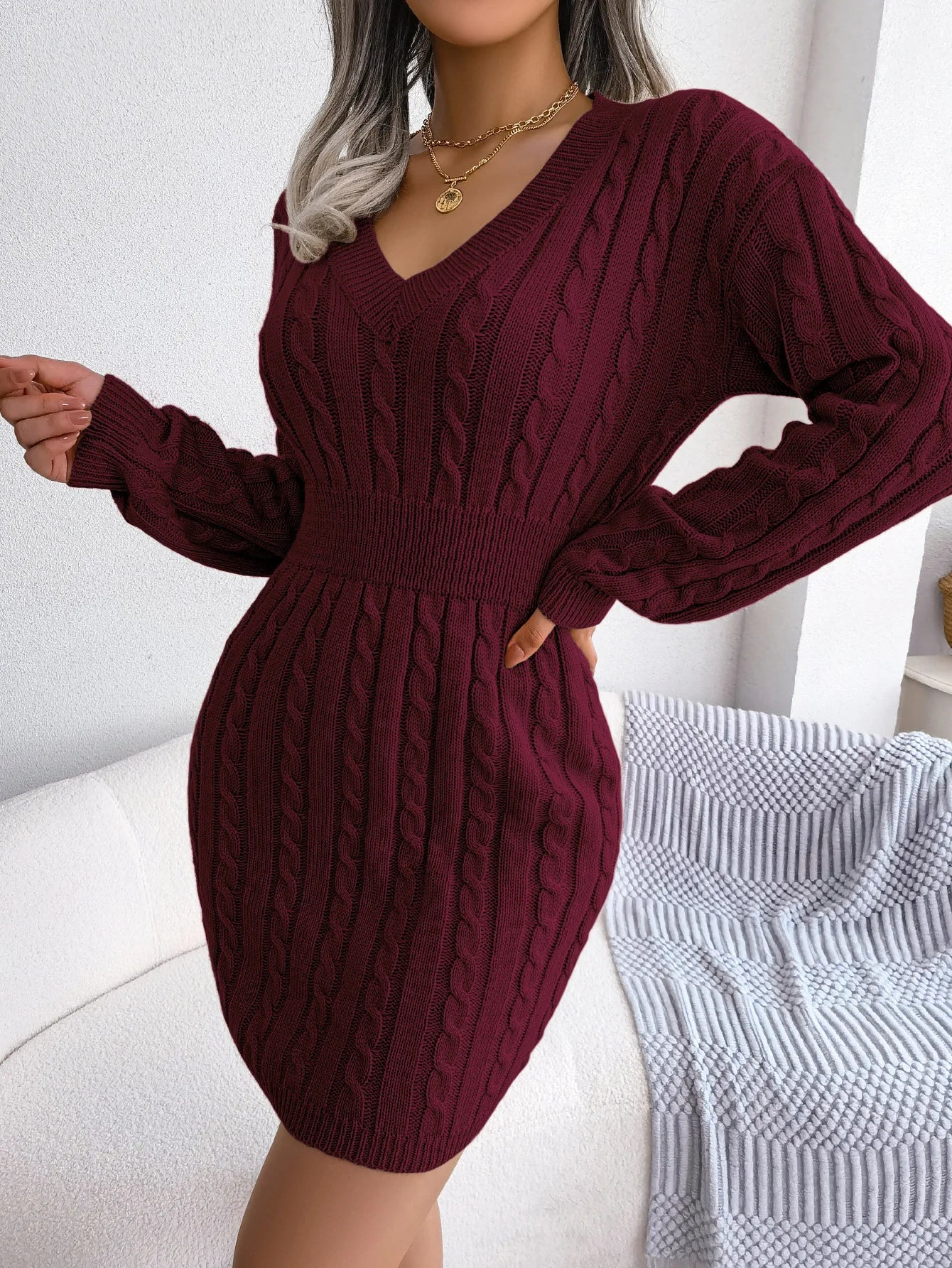 VigoCasey V-Neck Long Sleeve Knit Dress – Women's Autumn/Winter Solid Bodycon A-Line Ankle-Length