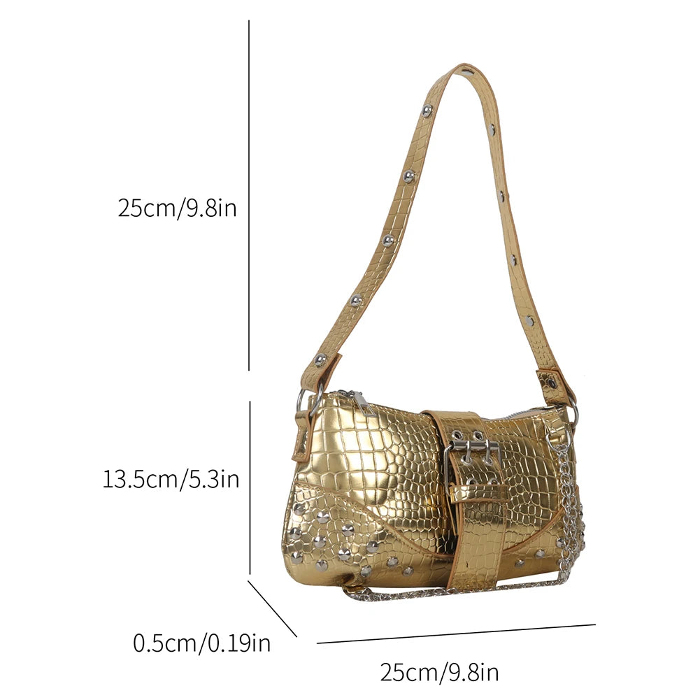 Vintage Gothic PU Leather Baguette Shoulder Bag with Chain and Rivets - Women's Underarm Sling Purse