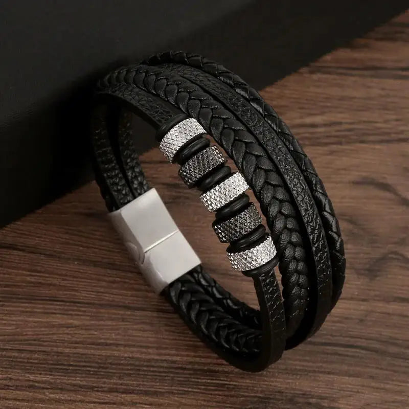 Men's Multi-Layer Woven Leather Bracelet with Alloy Magnetic Buckle - Punk Style, 19/21/23 cm (7.5/8.3/9.1 in)