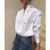 Women's Vertical Striped Shirt - Loose Long-Sleeve Button-Up Blouse with Asymmetric Hem, Office Commuter Style