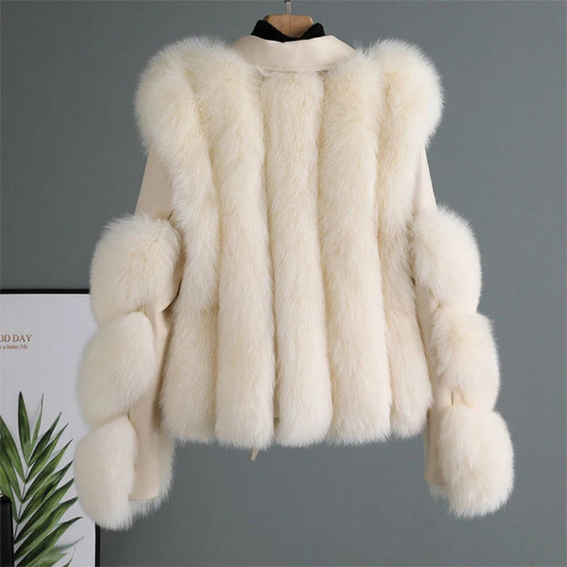 Women's Faux Fox Fur Short Jacket - PU Leather Motorcycle Coat, Warm Autumn Winter Luxury