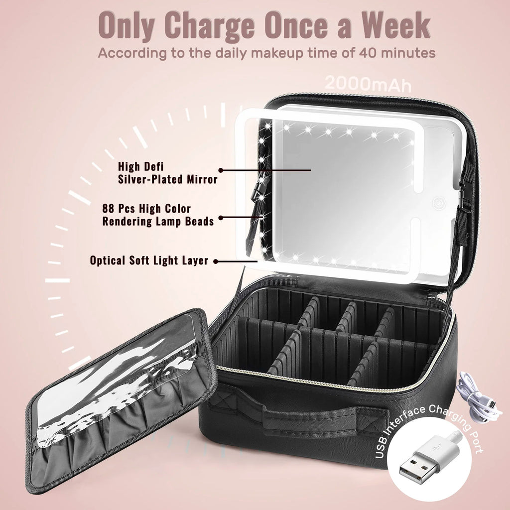Travel Makeup Train Case with LED Lighted Mirror & Adjustable Dividers — Large Cosmetic Organizer