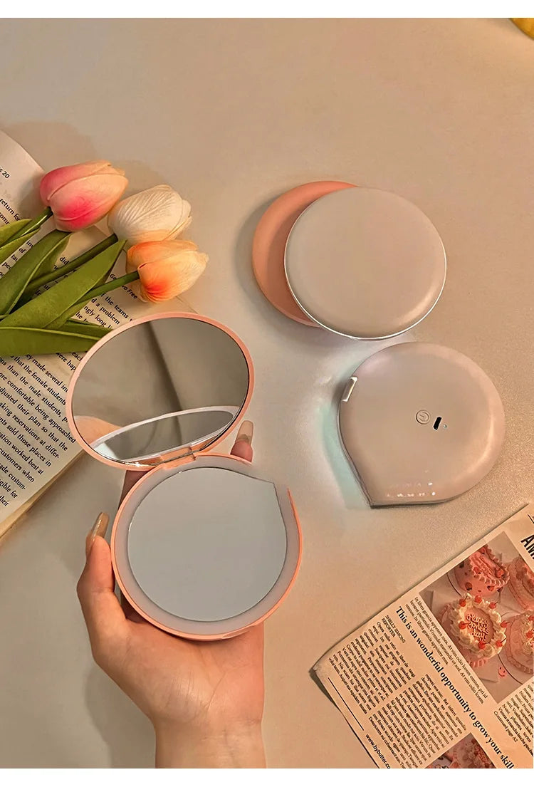 Portable LED Makeup Mirror — Pocket Mini Handheld Folding Lighted Round Mirror