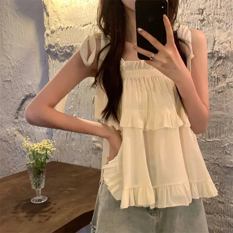 Korean Style Ruffled Spaghetti Strap Blouse - Solid Summer Slash Neck Women's Top
