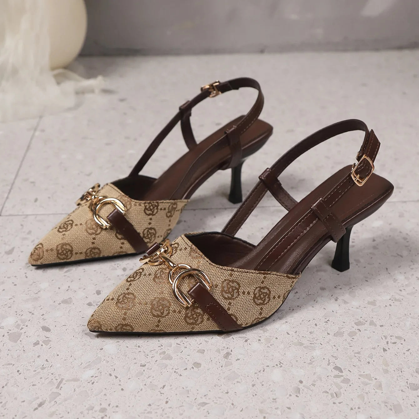 Women's Pointed Toe Heeled Sandals with Metal Buckle - Anti-Slip Thin High Heels, PU Upper