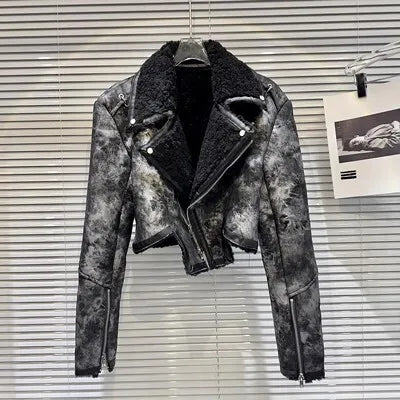 PREPOMP Turn-Down Collar Faux Fur PU Leather Jacket for Women, Zipper Sleeve Cuffs Streetwear Winter Coat