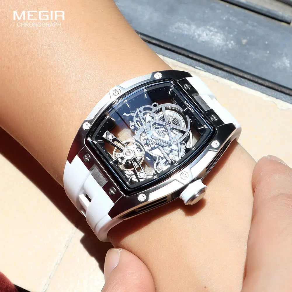MEGIR Automatic Mechanical Men's Skeleton Watch 40-44mm (1.57-1.73 in) Stainless Steel Tonneau Case Silicone Strap 3ATM Water Resistant