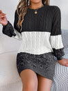 VigoCasey Patchwork Knit O‑Neck Ankle‑Length Long Sleeve Slim Dress for Women – Autumn/Winter Knit Dress