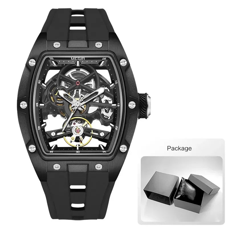 MEGIR Automatic Mechanical Men's Skeleton Watch 40-44mm (1.57-1.73 in) Stainless Steel Tonneau Case Silicone Strap 3ATM Water Resistant