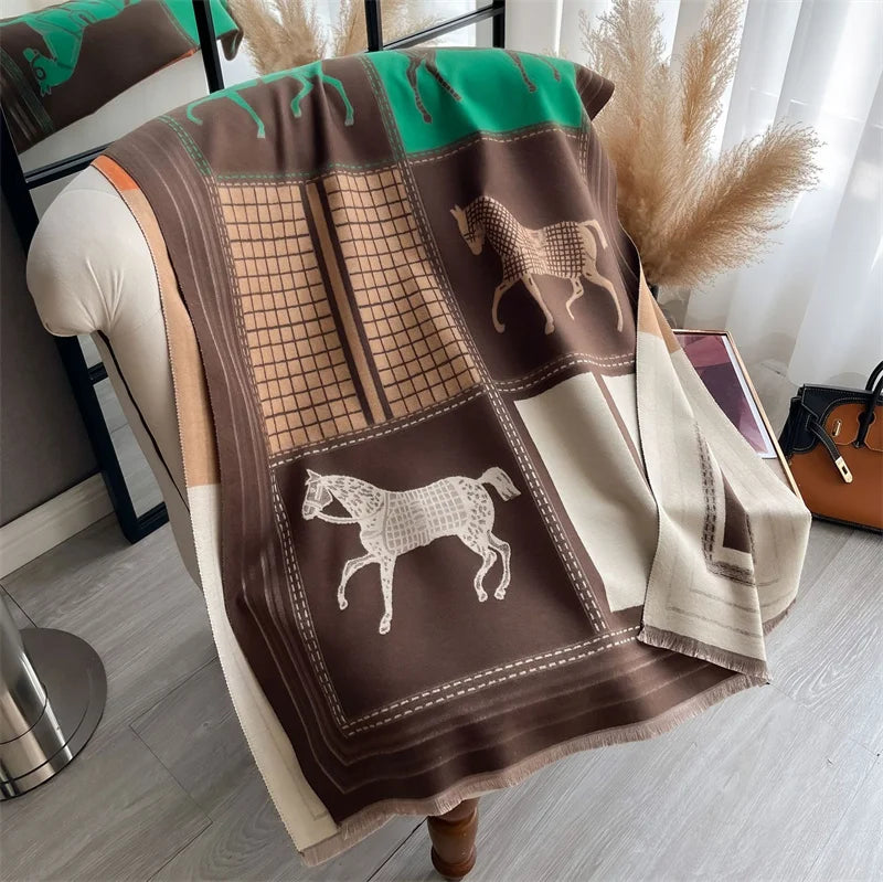Women's Soft Cashmere Pashmina Scarf 180 x 65 cm (71 x 25.6 in) Plaid Horse Print Tassel Wrap Shawl