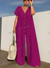 Women's V-Neck Single-Breasted Wide-Leg Jumpsuit with Pockets, Loose Oversized Office Casual