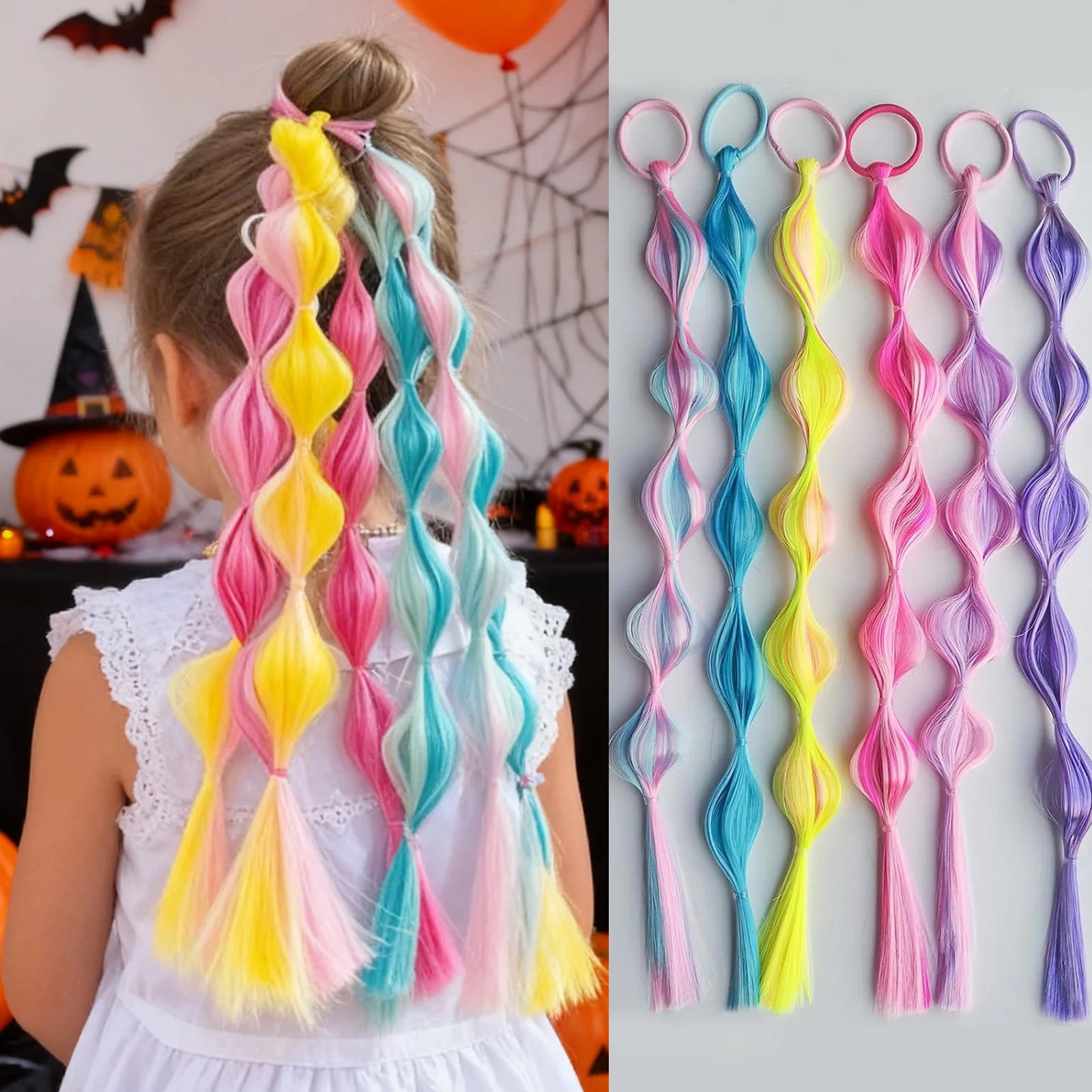 6-Pack Rainbow Ponytail Hair Extensions for Kids & Girls - Pre-Braided Colorful Hairpieces Lightweight Synthetic Braids for Parties and Gifts