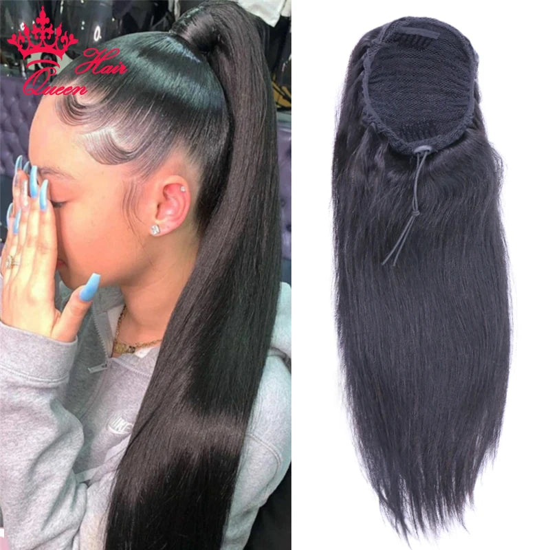 Clip-In Drawstring Human Hair Ponytail – 100g (3.5 oz) Brazilian Virgin Hair, Straight & Body Wave