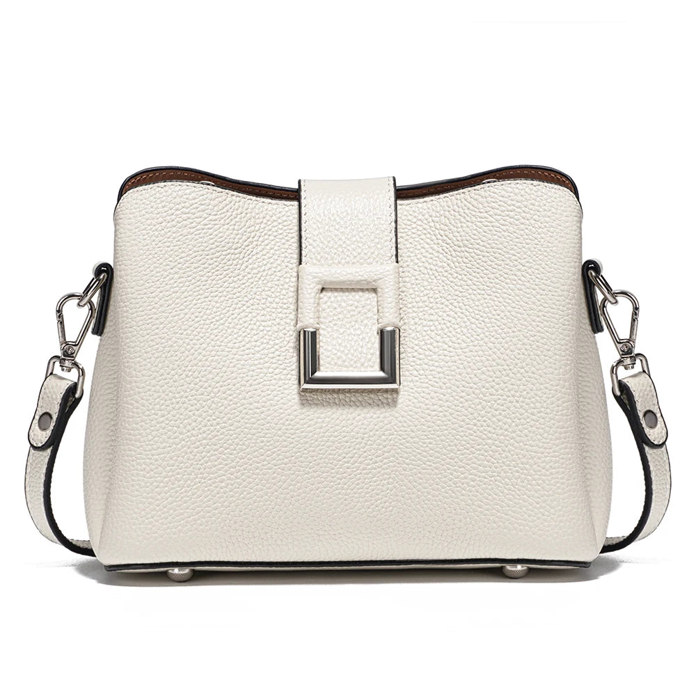 ZENCY Genuine Leather White Bucket Tote Shoulder Bag - Women's Designer Shopper Crossbody