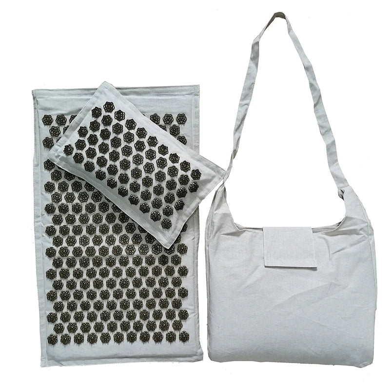 Acupressure Spike Mat Set 74 x 44 cm (29 x 17 in) with Pillow & Carry Bag – Natural Linen Buckwheat Massage Mat for Yoga & Pain Relief