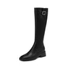Women's Knee-High Cowhide Leather Mid-Heel Boots with Metal Buckle & Knee Zipper — 4.5cm (1.8in) Square Heel