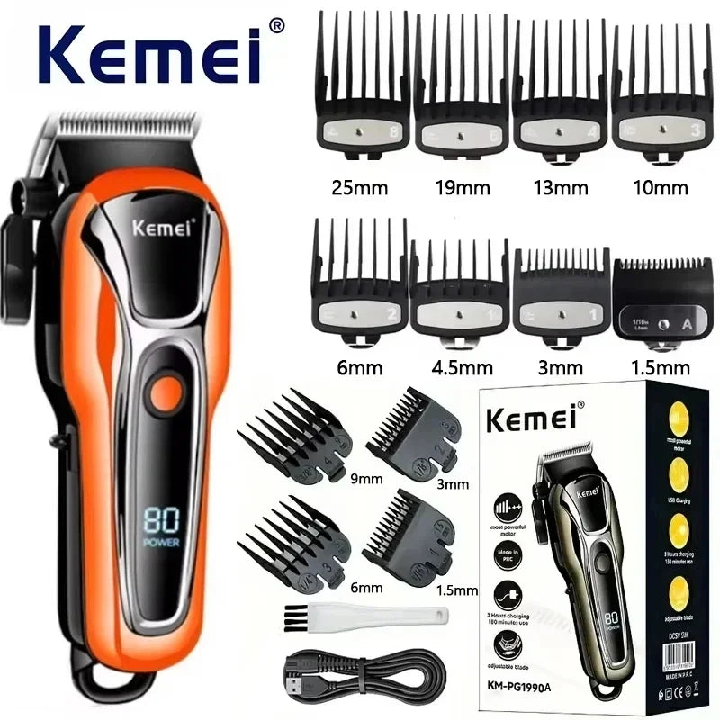 Kemei Rechargeable Cordless Hair Clipper, Professional Men's Trimmer with Limit Combs, 3-Hour Run Time