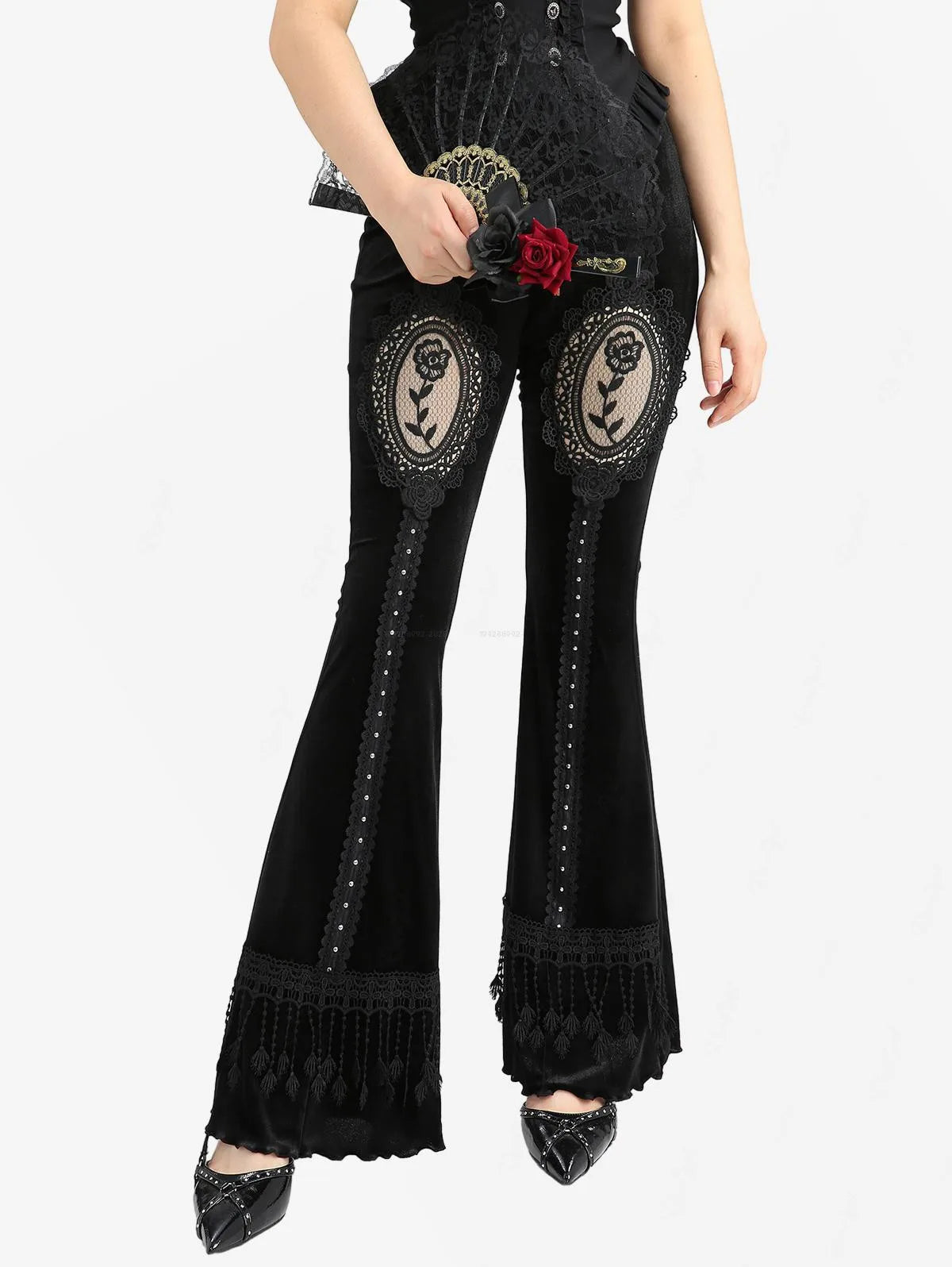 ROSE GAL Plus Size Gothic Mesh Rose Lace Applique Flare Pants — High-Waist Velvet Tassel Patchwork