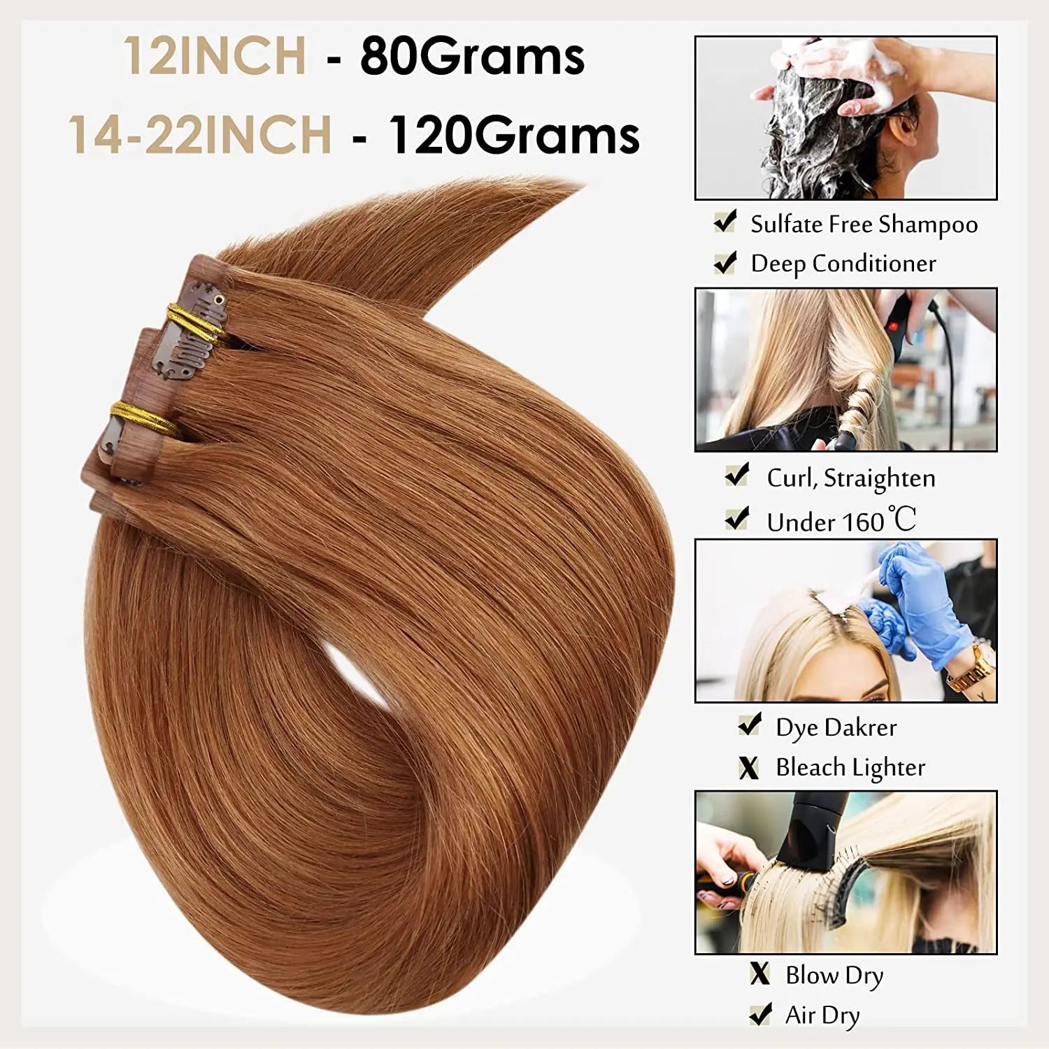 Full Shine Ombre Blonde Remy Clip-In Hair Extensions — 8-Piece Set, 16–22 in (40–56 cm) Seamless PU Weft