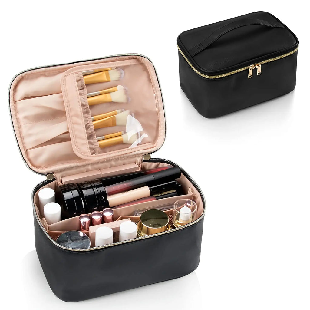 Large Capacity Travel Makeup Bag – Portable Black Cosmetic Case Organizer with Brush Slots & Handle