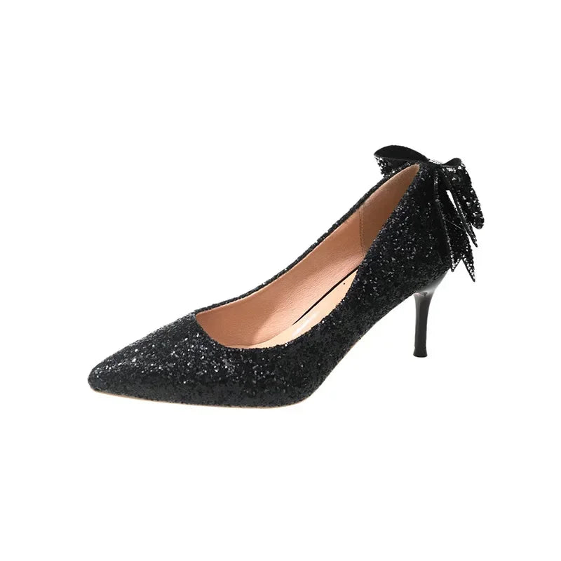 Women's Silver Ribbon Rhinestone Stiletto Pumps Pointed Toe High Heels Lightweight (EU 34-43)