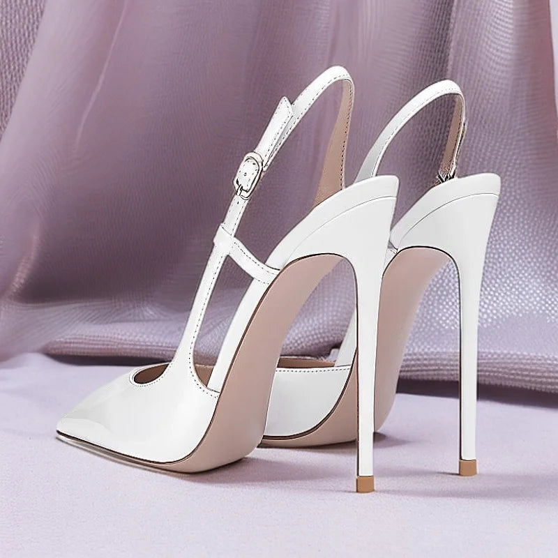 Black & White Patent Cutout Rear-Strap Stiletto Heels — Plus Size